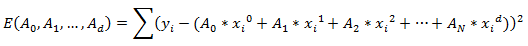Sum[(yi - (A0 * x^0 + A1 * x^1 + A2 * x^2 + ... + Ad*x^d)^2]
